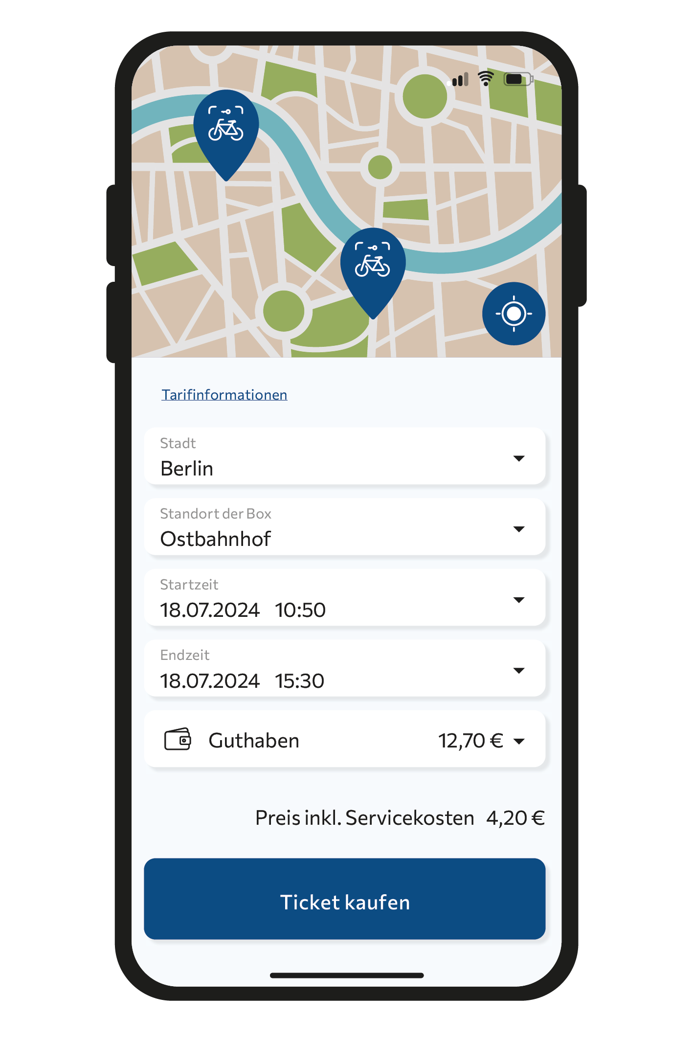 mobilet App Kartenansicht mit Standorten der Fahrradboxen