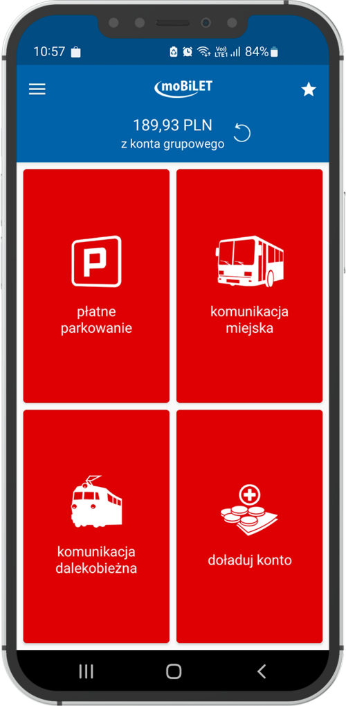 Ekran główny aplikacją Mobilet - pulpit z dostępnymi usługami i stanem konta