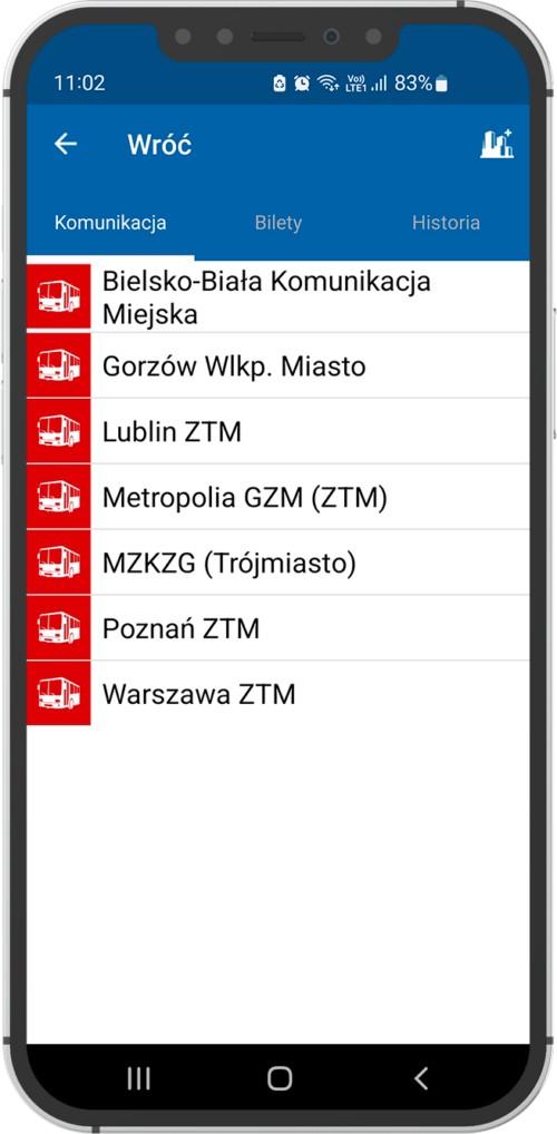 Ekran telefonu z aplikacją Mobilet, na którym widać listę wybranych miast i organizatorów komunikacji publicznej