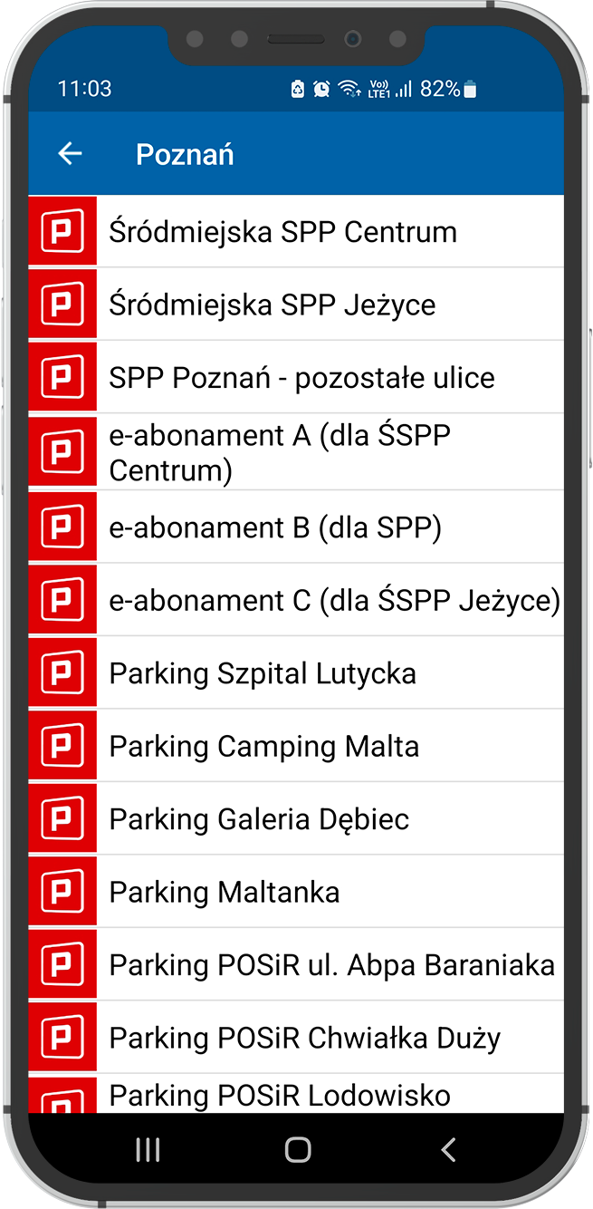 Ekran telefonu z aplikacją Mobilet, na którym widać listę podstref SPP oraz parkingi, na którym można korzystać z Mobiletu w Poznaniu