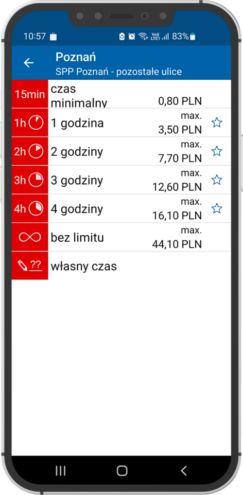 Ekran telefonu z aplikacją Mobilet, na którym widać wybór czasu parkowania