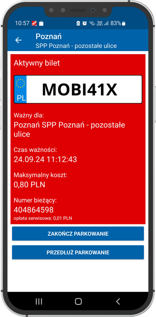Ekran telefonu z aplikacją Mobilet, na którym widać aktywny e-bilet parkingowy kupiony online
