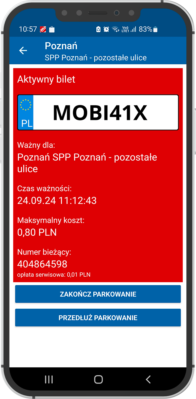 Ekran telefonu z aplikacją Mobilet, na którym widać aktywny e-bilet parkingowy kupiony online