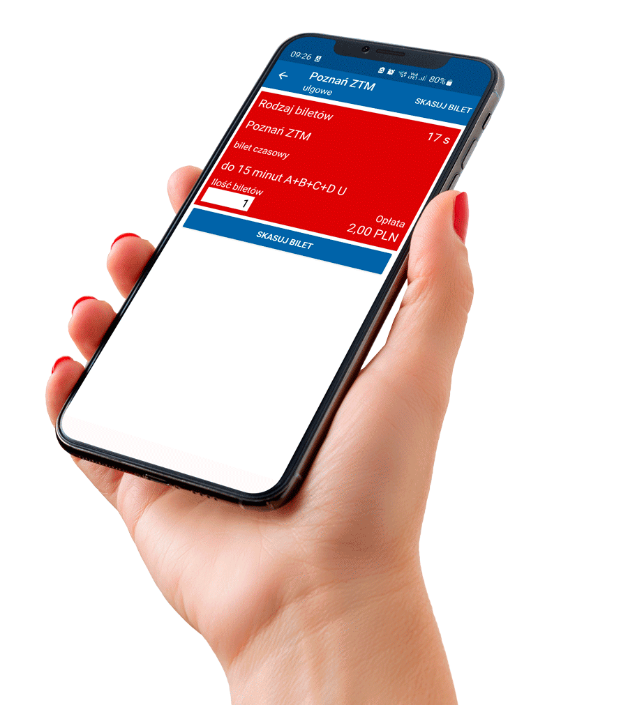 Kobieca dłoń z telefonem, na którym widać aktywny ekran zakupu e-biletu komunikacji miejskiej za pomocą aplikacji Mobilet