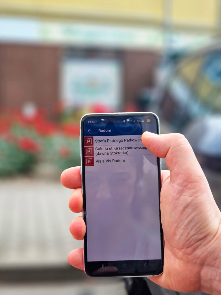 Ekran wyboru parkingu w Radomiu w aplikacji Mobilet