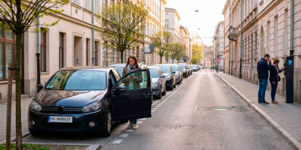 Kobieta korzystająca z aplikacji Mobilet do płatności za parkowanie w krakowskiej Strefie Płatnego Parkowania, w tle ulica centrum miasta z zaparkowanymi samochodami