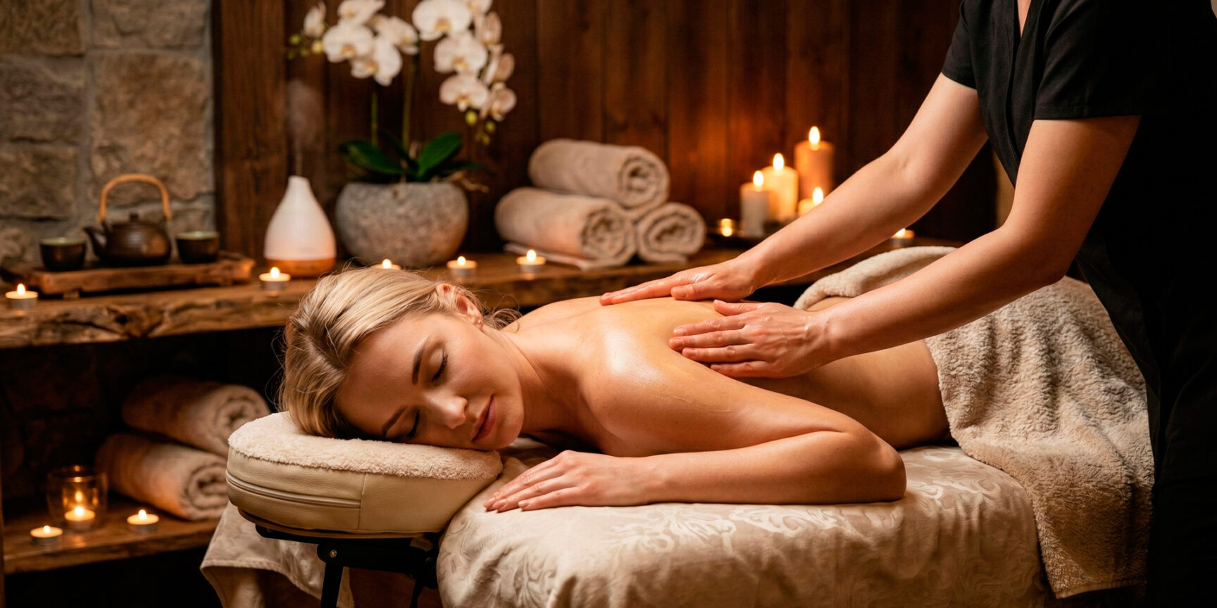 Uśmiechnięta, zrelaksowana kobieta podczas profesjonalnego masażu w przytulnym Tao Tao Spa, w otoczeniu świec i storczyków