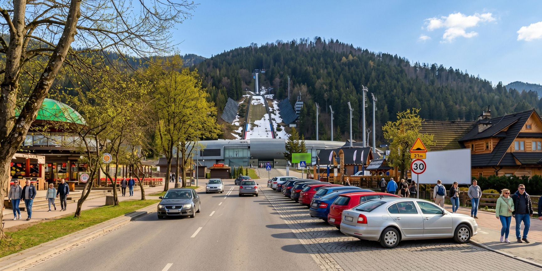 Majówka w Zakopanem - płatne parkingi w rejonie Skoczni, gdzie postój można opłacić aplikacją Mobilet