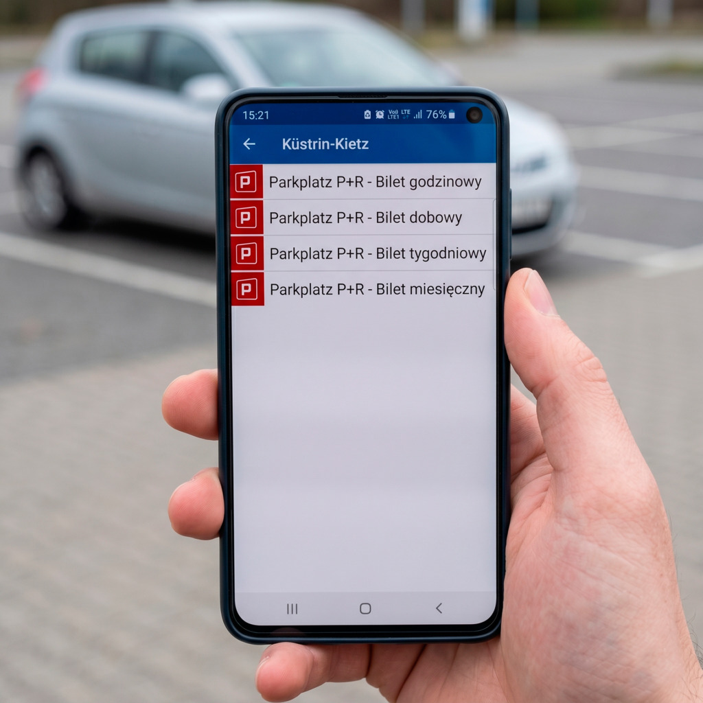 W aplikacji Mobilet na parkingu P+R Küstrin dostępne są płatności rozliczane godzinowo oraz bilety dobowe, tygodniowe i miesięczne.