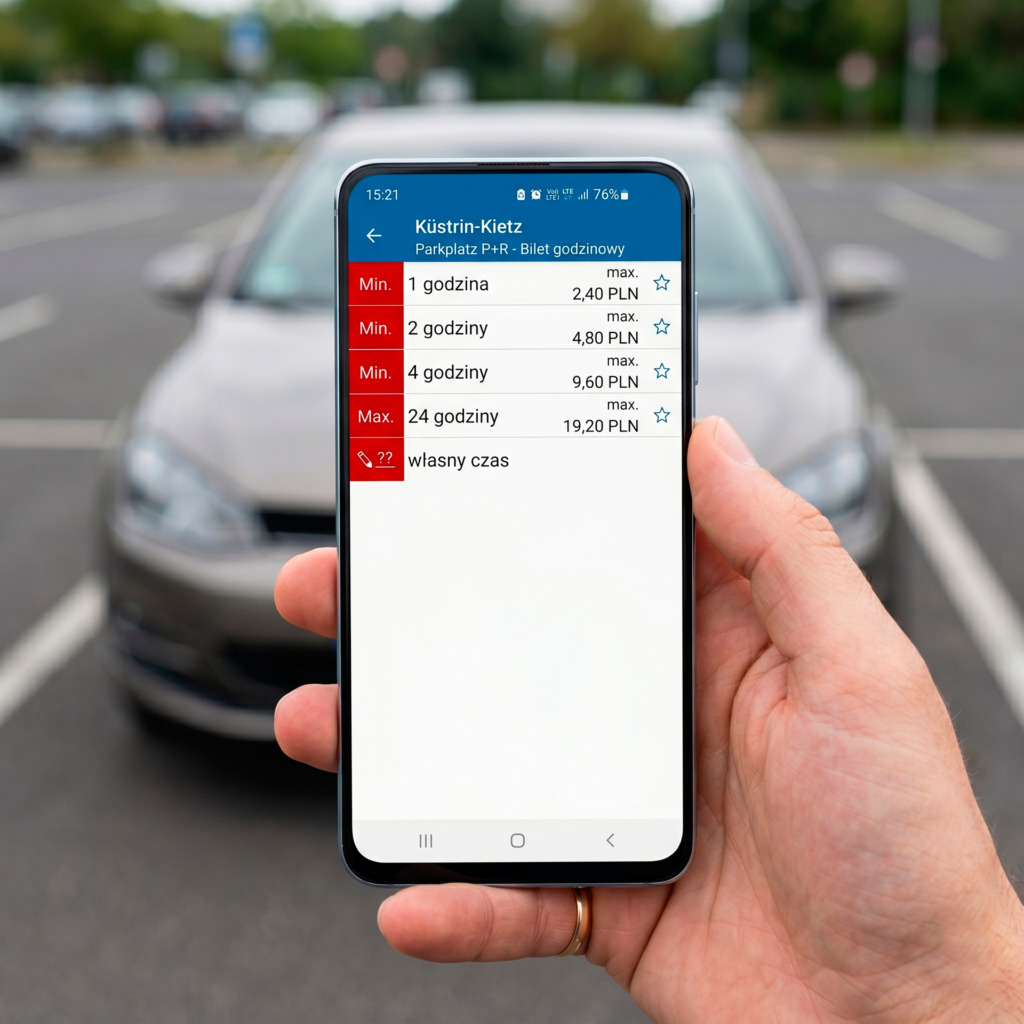 Z aplikacją Mobilet godzina parkowania na niemieckim parkingu P+P przy dworcu w Küstrin kosztuje 2,40 PLN